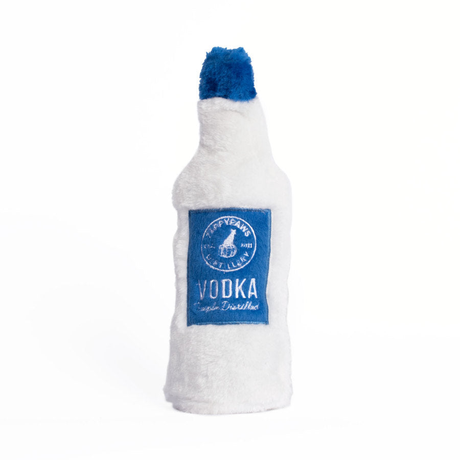 Happy Hour Crusherz Vodka Dog Toy, Vodka Bottle Dog Toy Front View - Trendy Dog Boutique