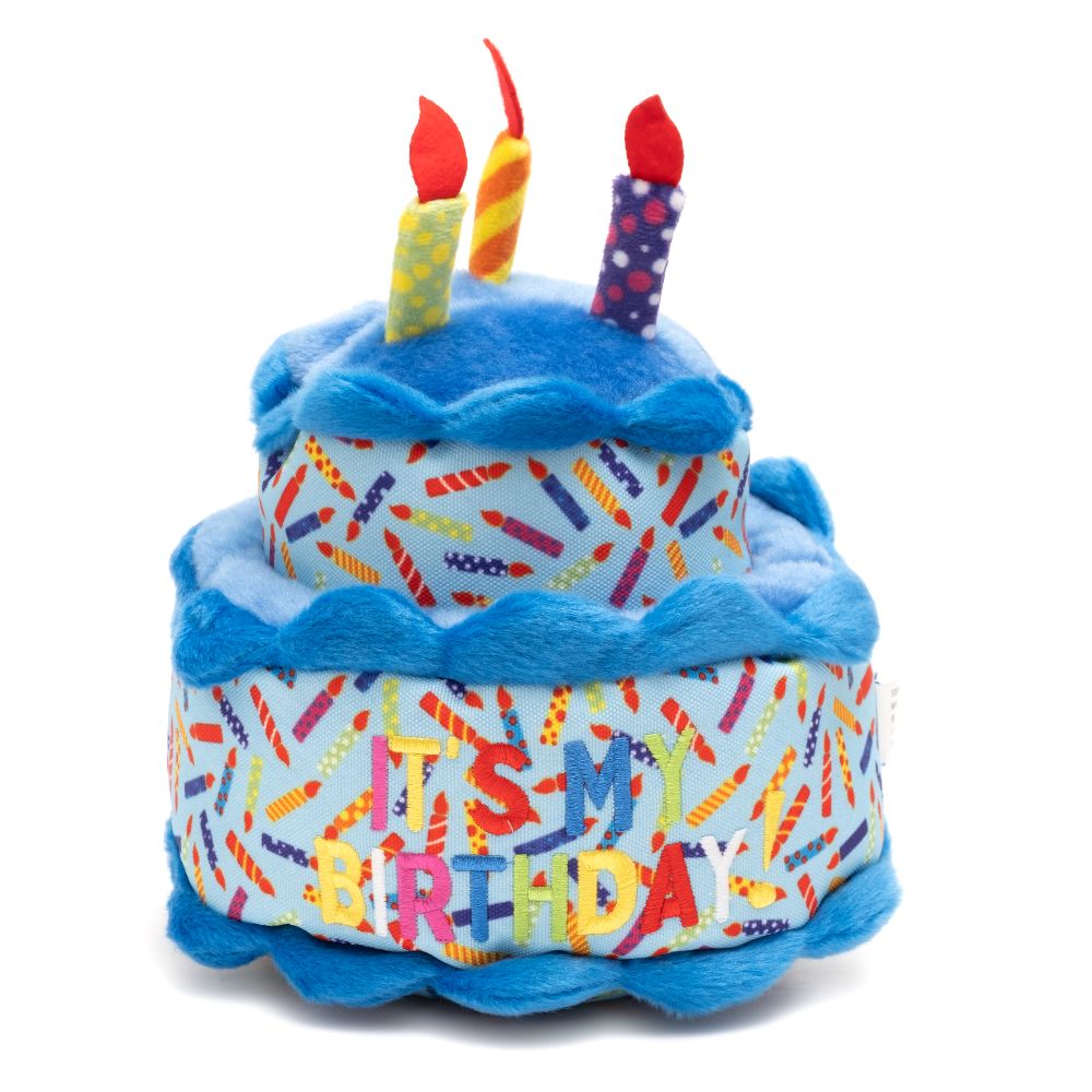 Birthday Cake Plush Dog Toy, Blue, Front - Trendy Dog Boutique
