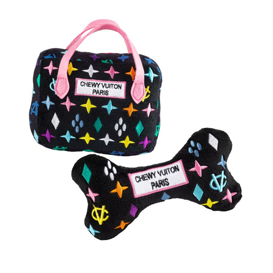 Black Chewy Vuiton Dog Toy Set, Both Toys, Front View - Trendy Dog Boutique