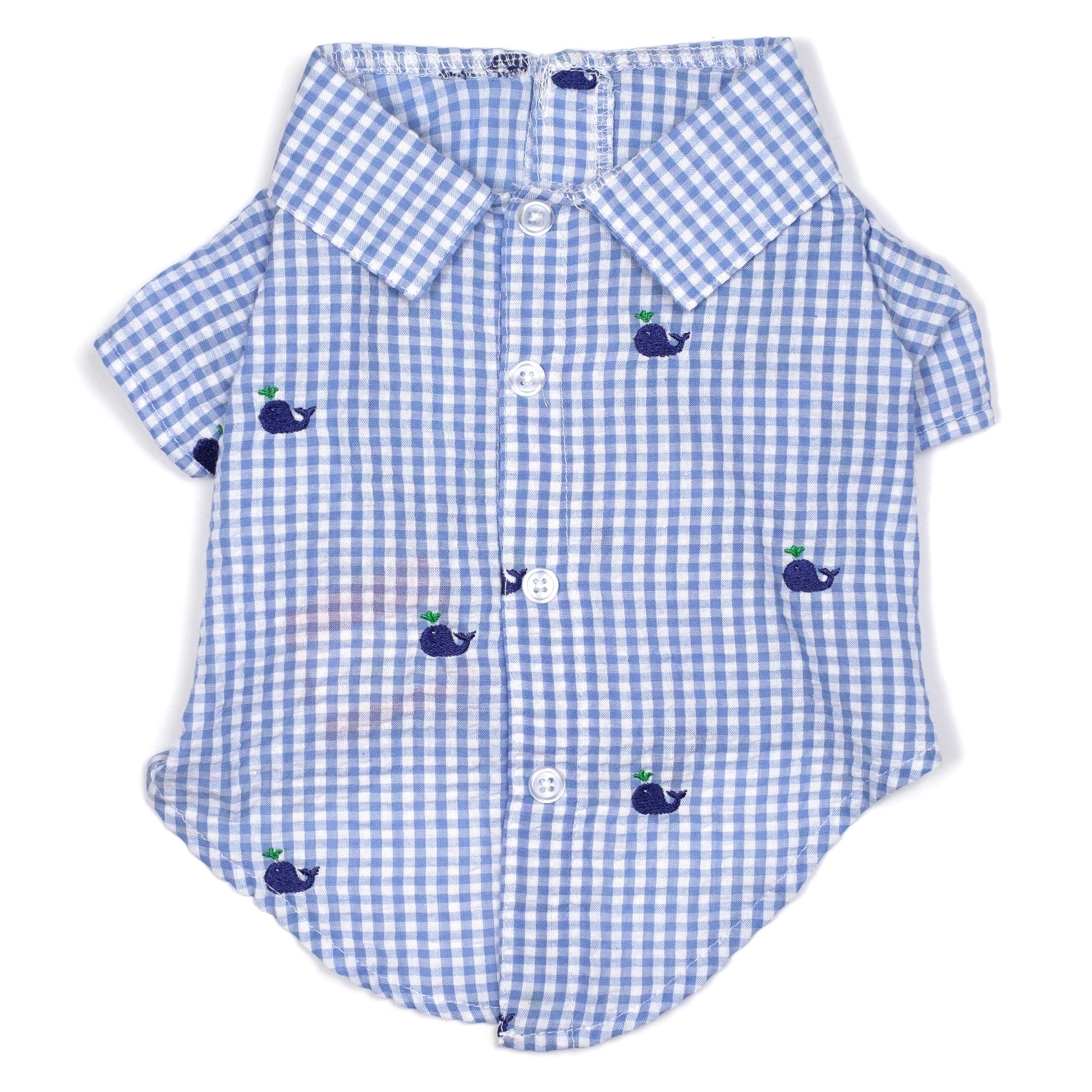 Gingham Whales Dog Shirt, flat - Trendy Dog Boutique