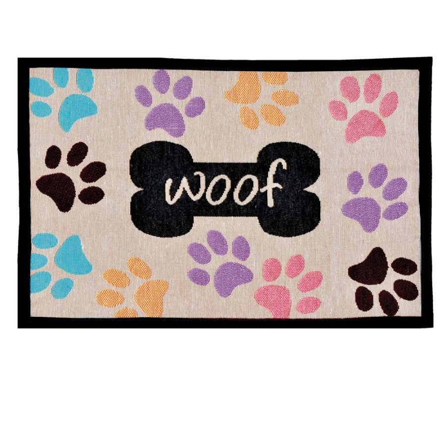 Woof Paw Print Dog Bowl Mat, Top View - Trendy Dog Boutique