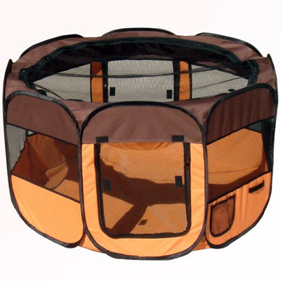 Lightweight Collapsible Travel Dog Play Pen, Brown & Orange - Trendy Dog Boutique