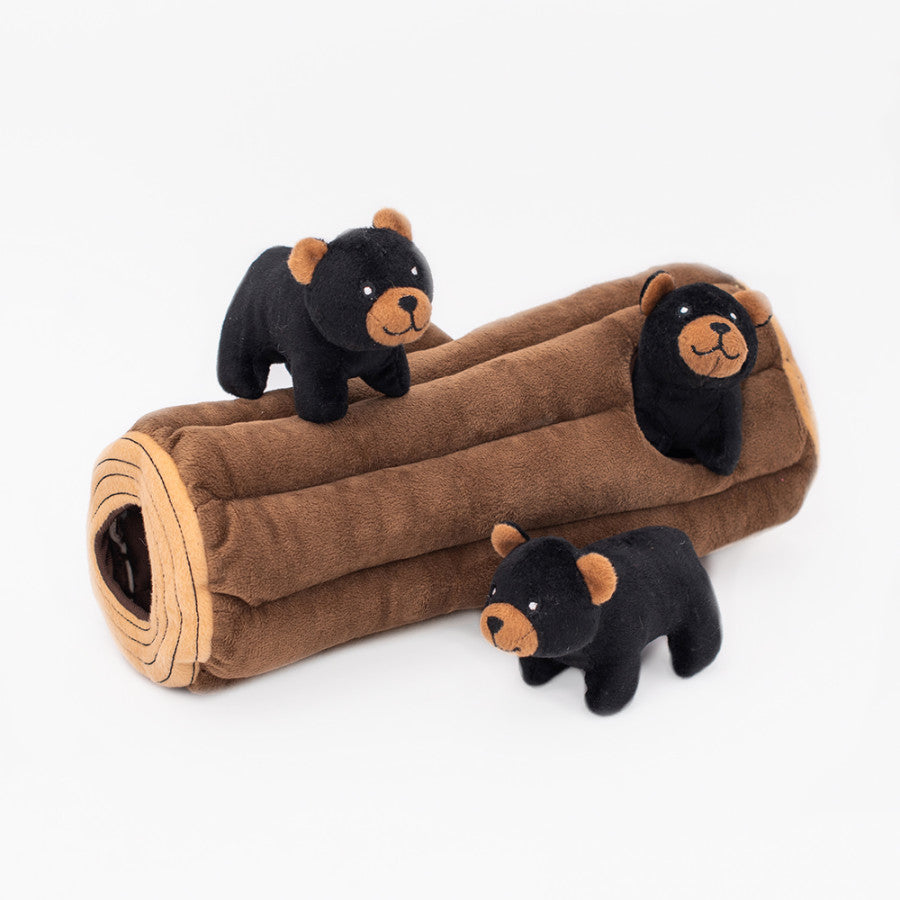 Black Bear Log Interactive Dog Toy, Side View - Trendy Dog Boutique