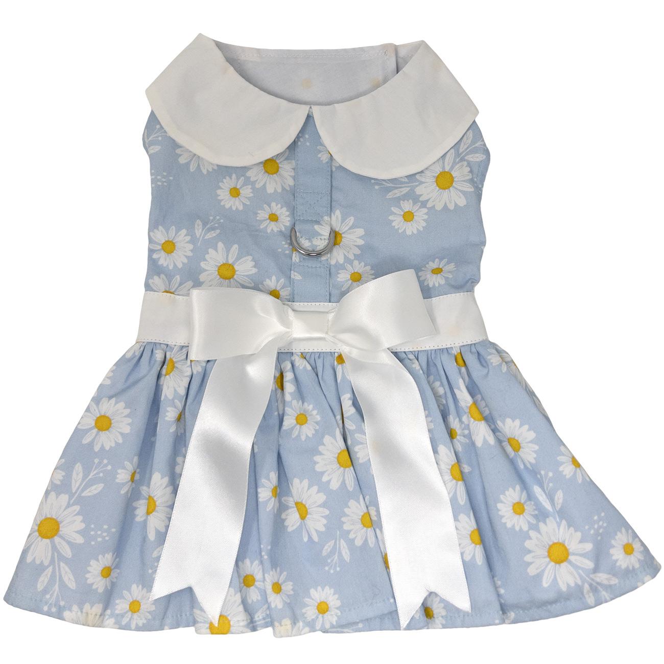 Blue Daisy Dog Harness Dress, front view - Trendy Dog Boutique