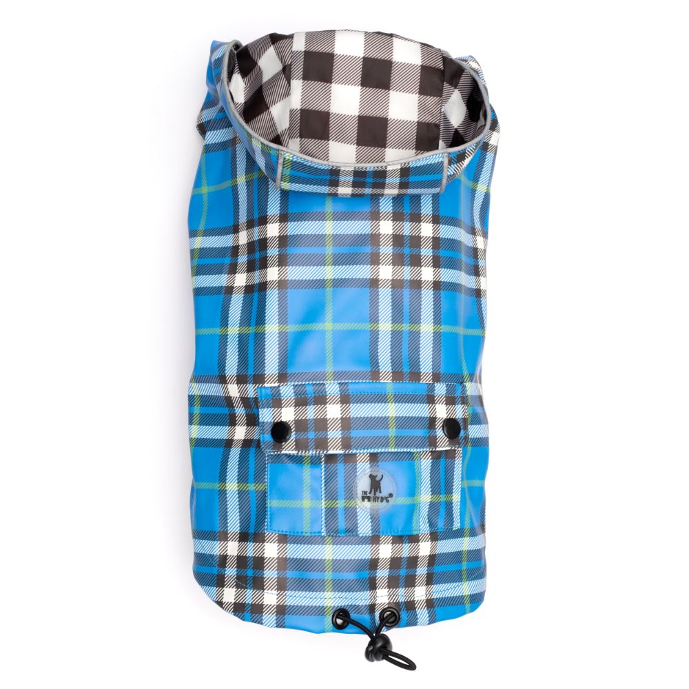 London Plaid Dog Raincoat, Blue, Top View - Trendy Dog Boutique