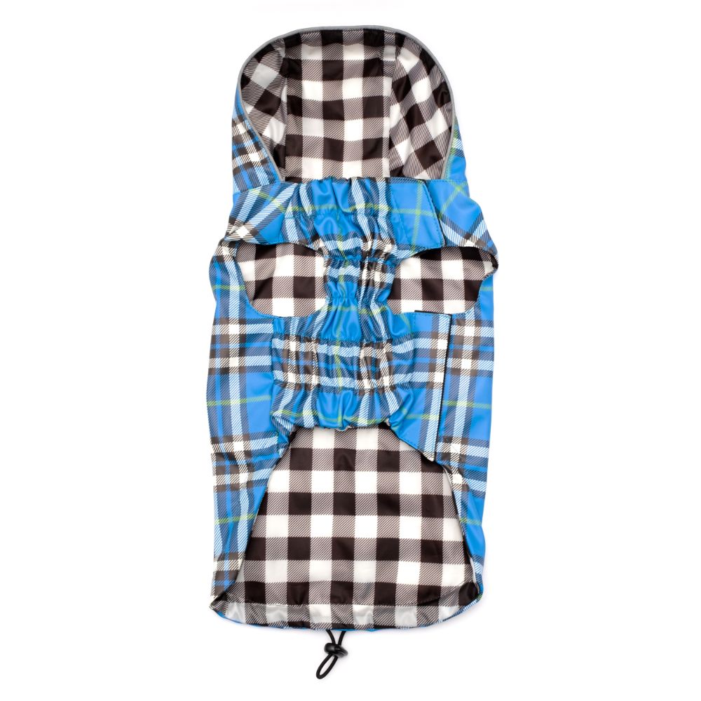 London Plaid Dog Raincoat, Blue, Bottom View - Trendy Dog Boutique