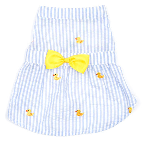 Blue Stripe Rubber Ducky Dog Dress, Front View - Trendy Dog Boutique