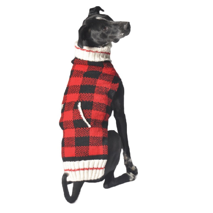 Buffalo Plaid Dog Sweater, On Dog, Rear - Trendy Dog Boutique