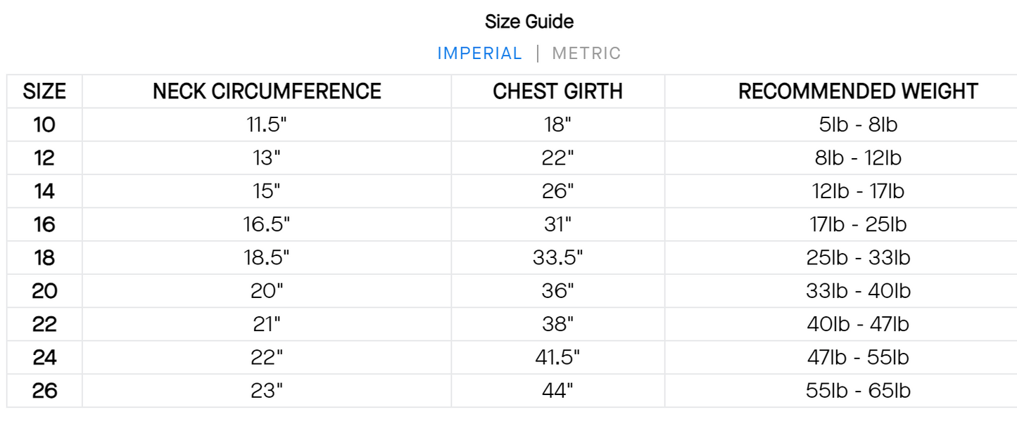 Cooling Dog Harness, Size Chart - Trendy Dog Boutique