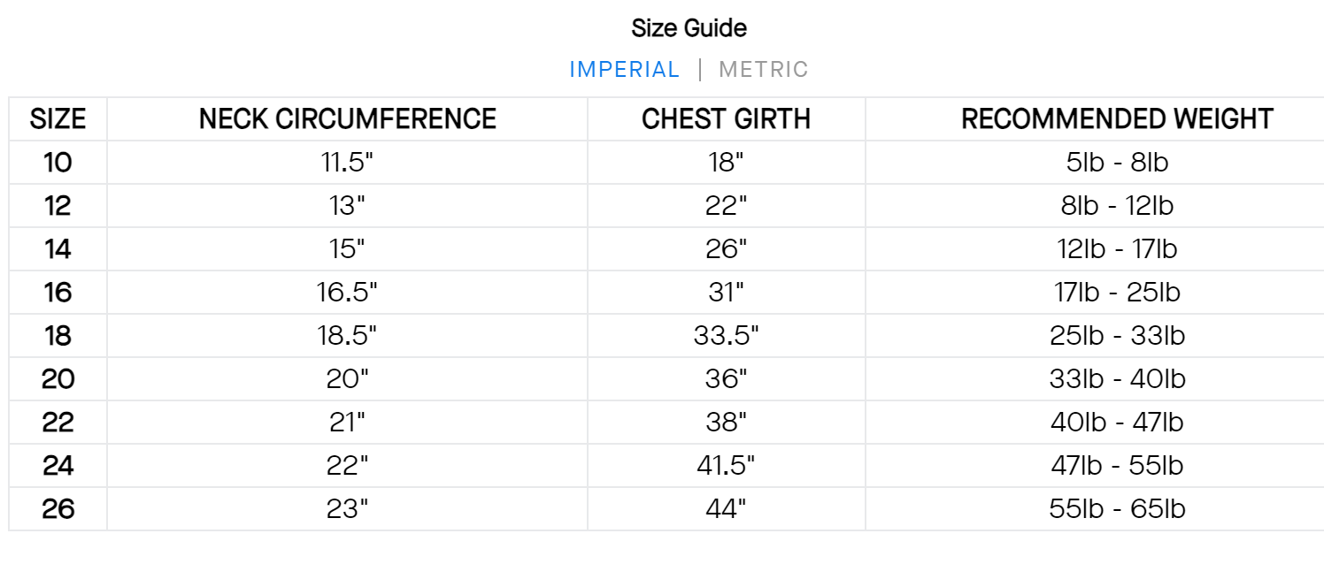 Cooling Dog Harness, Size Chart - Trendy Dog Boutique