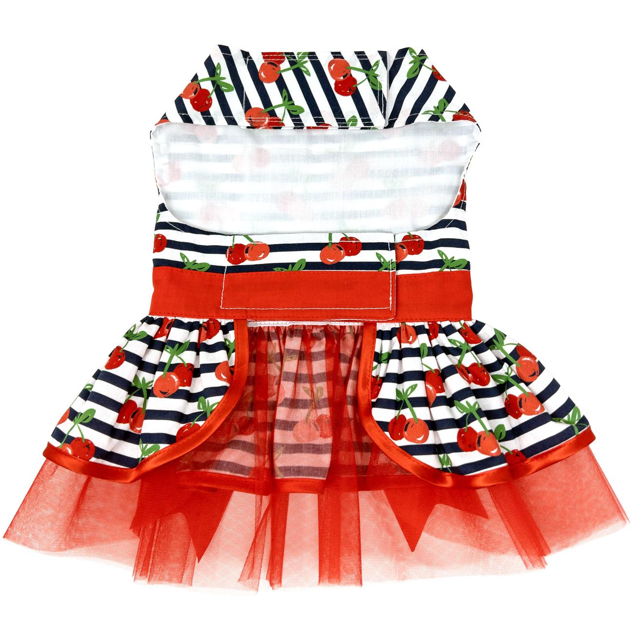 Cherry Stripe Dog Harness Dress, bottom view - Trendy Dog Boutique