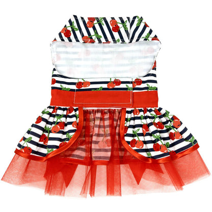 Cherry Stripe Dog Harness Dress, bottom view - Trendy Dog Boutique