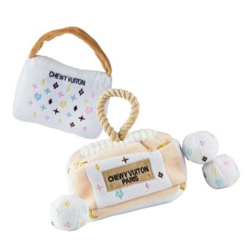 Keep Calm & Chewy Vuiton Dog Plush Toy Set, Both Toys Front View - Trendy Dog Boutique