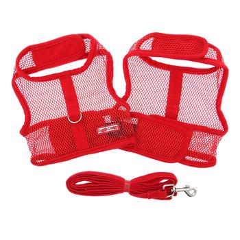 Cool Mesh Classic Red Dog Harness, Front & Back View, Flat w/ Leash  - Trendy Dog Boutique