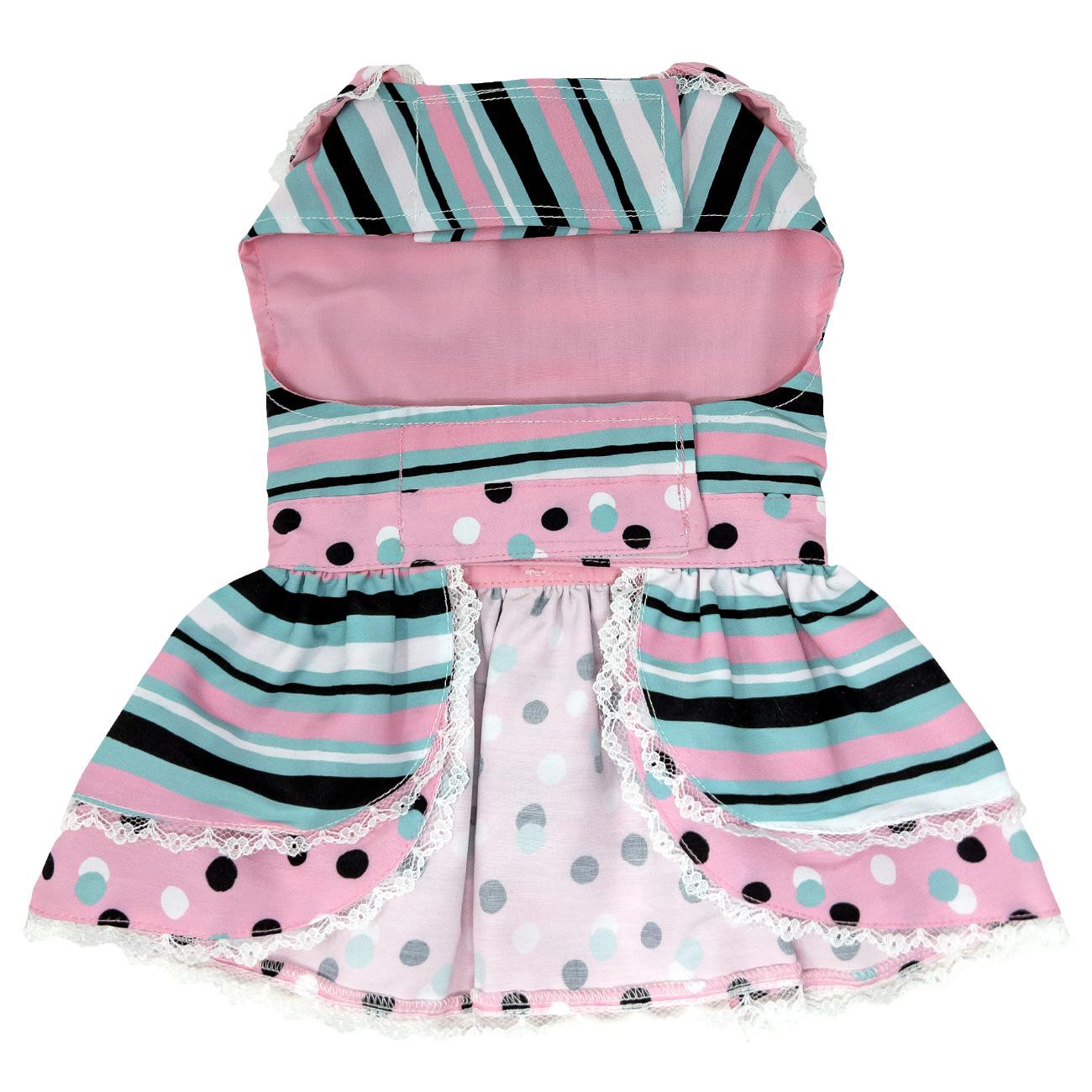 Dots & Stripes Dog Harness Dress, bottom view - Trendy Dog Boutique