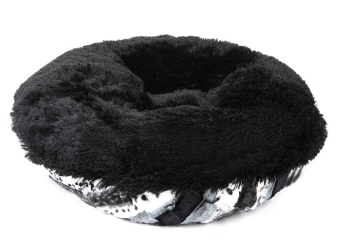 Exotic Black & White Shag Round Dog Bed, Bottom View - Trendy Dog Boutique
