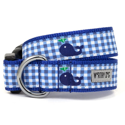 Gingham Whales Dog Collar, Front View - Trendy Dog Boutique