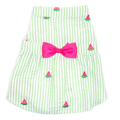 Green Stripe Watermelon Dog Dress, Front View - Trendy Dog Boutique