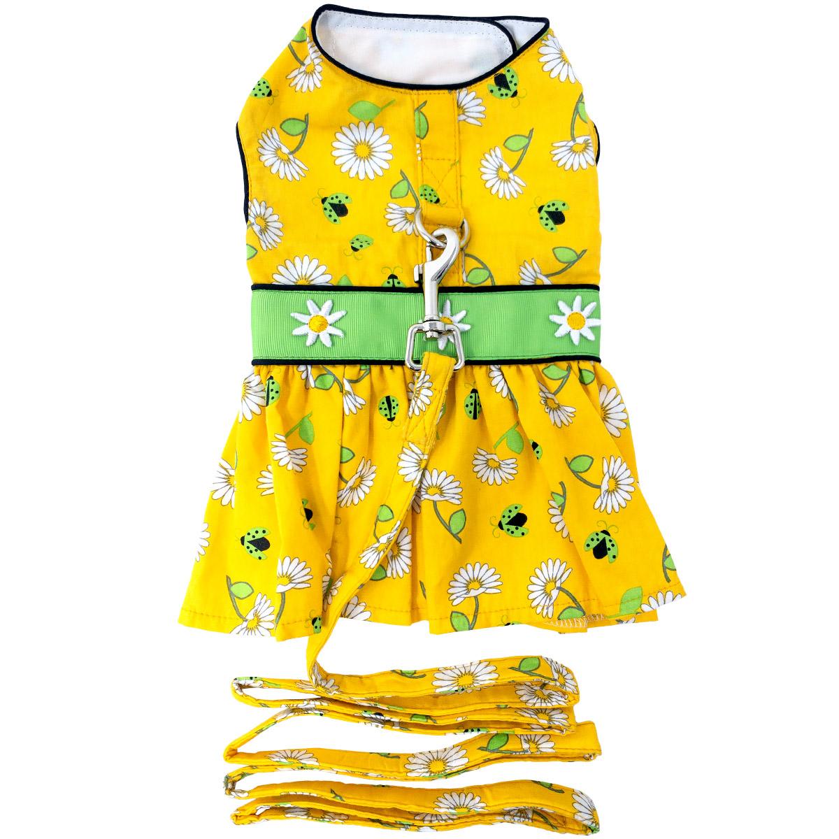 Ladybugs & Daisies Dog Harness Dress, flat w/ leash - Trendy Dog Boutique
