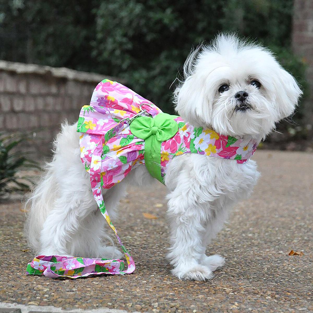 Pink Hawaiian Floral Dog Harness Dress , side view on dog - Trendy Dog Boutique