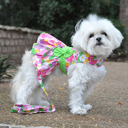 Pink Hawaiian Floral Dog Harness Dress , side view on dog - Trendy Dog Boutique