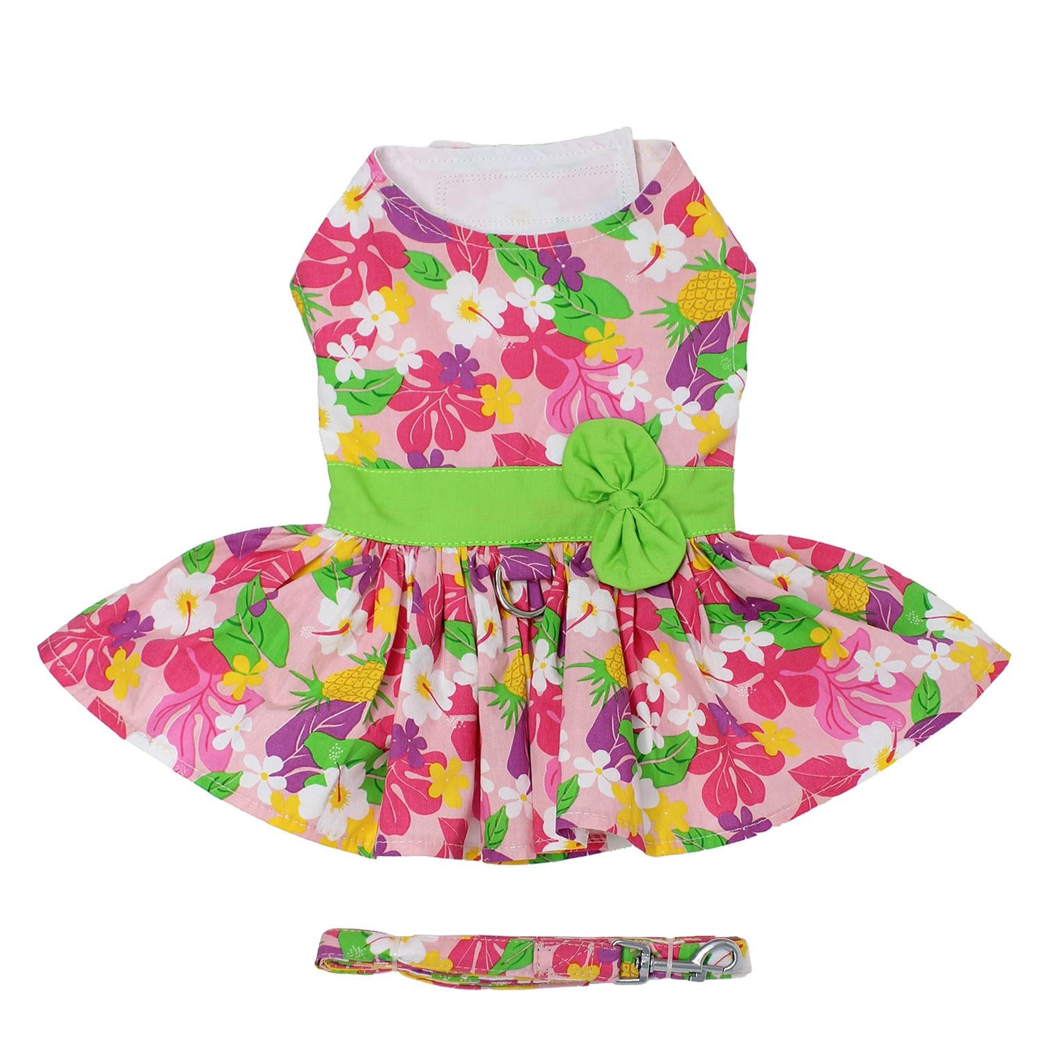 Pink Hawaiian Floral Dog Harness Dress , flat, w/ leash - Trendy Dog Boutique