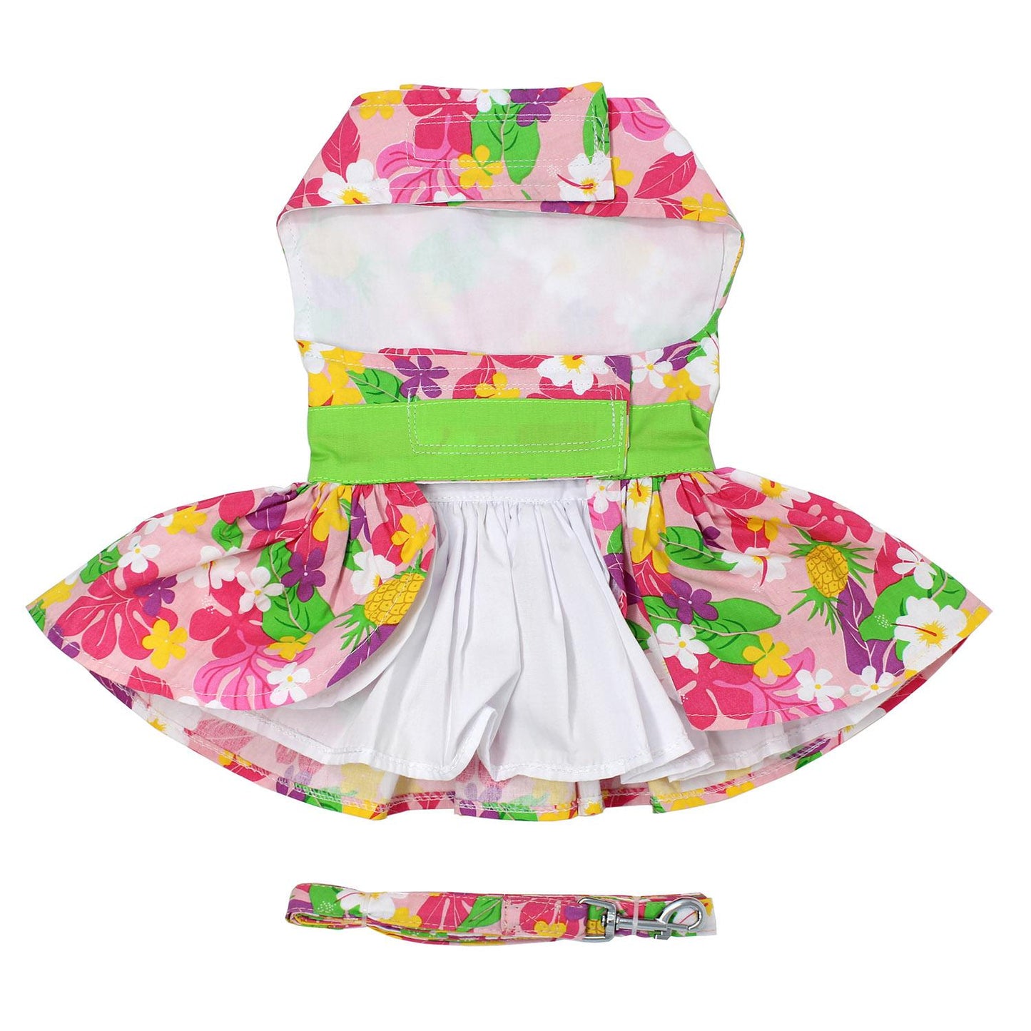 Pink Hawaiian Floral Dog Harness Dress , flat, bottom view, w/ leash - Trendy Dog Boutique