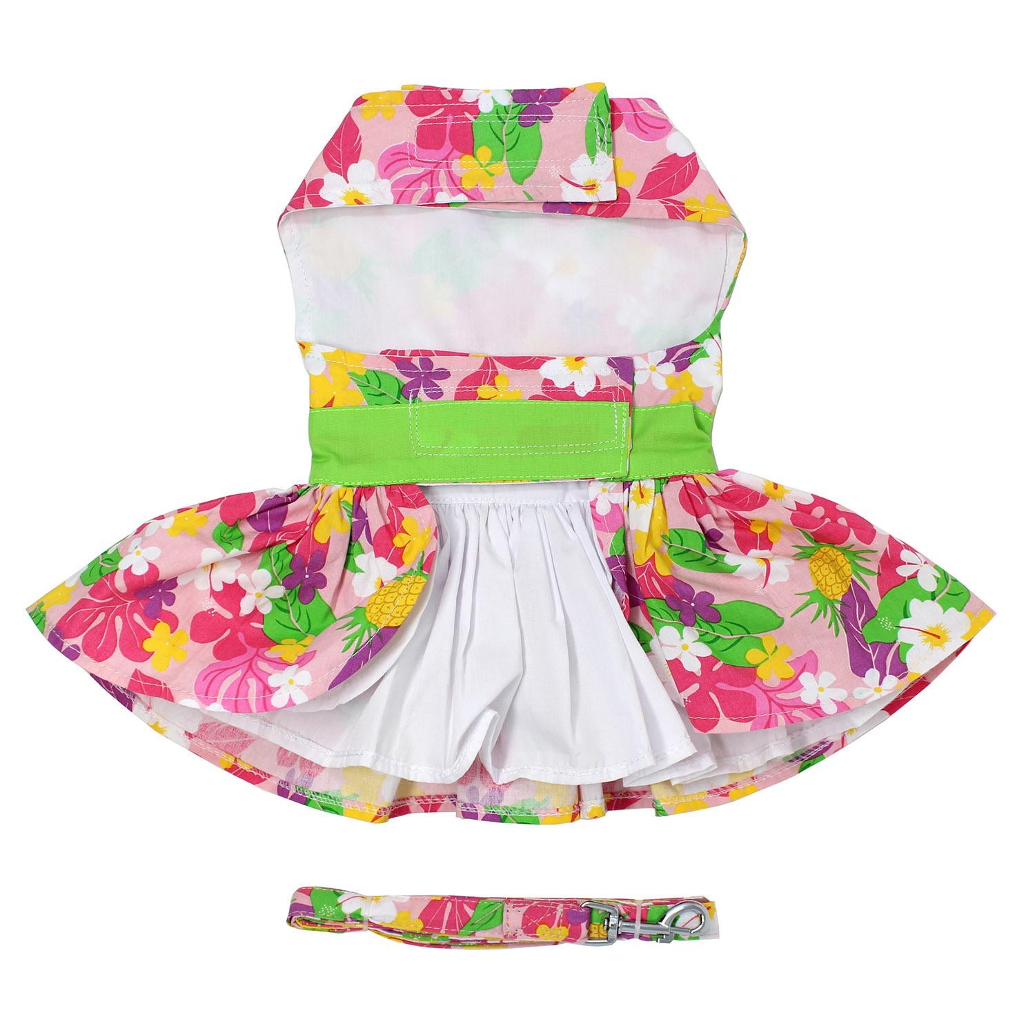Pink Hawaiian Floral Dog Harness Dress , flat, bottom view, w/ leash - Trendy Dog Boutique