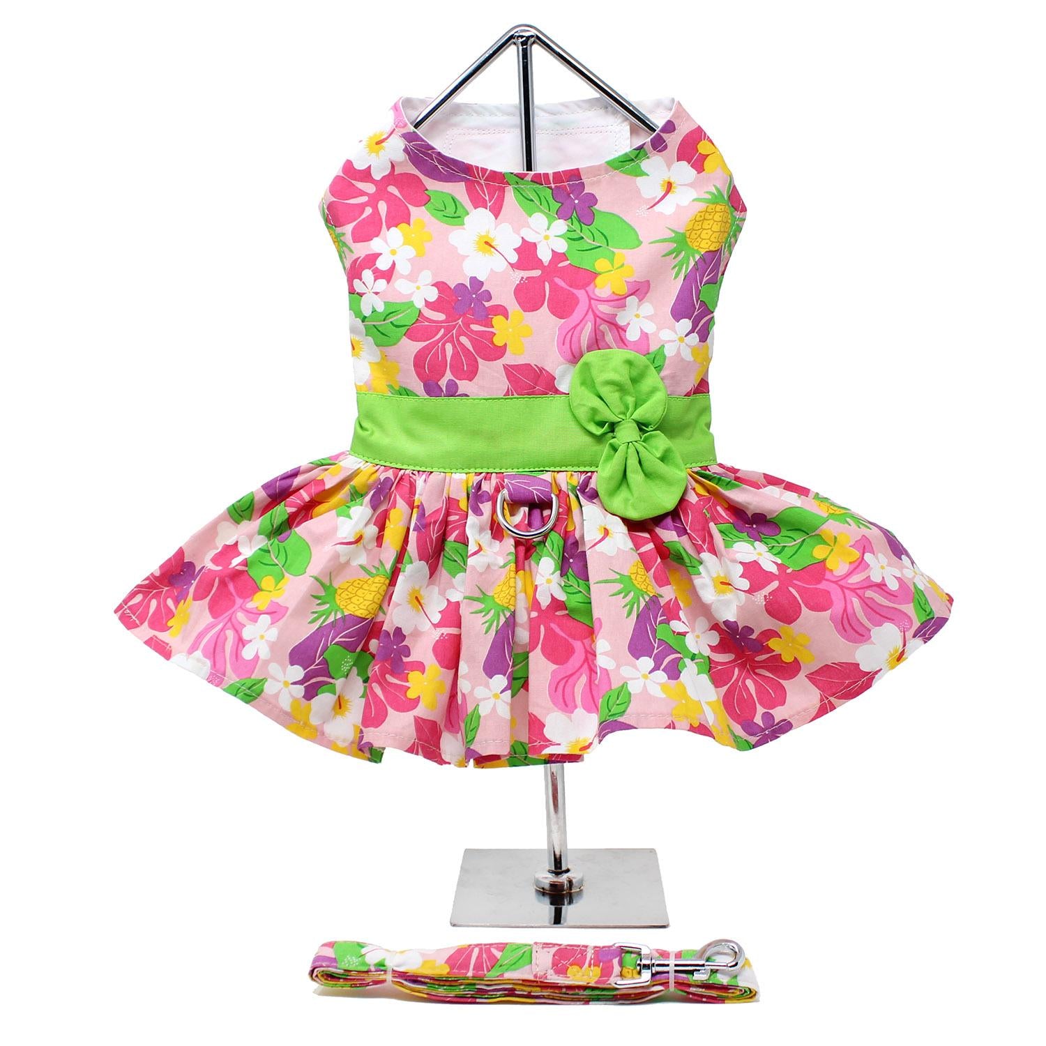 Pink Hawaiian Floral Dog Harness Dress, on hanger w/ leash - Trendy Dog Boutique