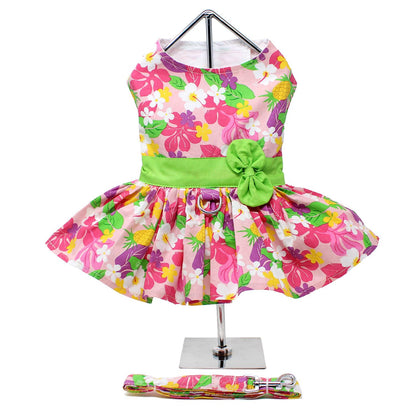 Pink Hawaiian Floral Dog Harness Dress, on hanger w/ leash - Trendy Dog Boutique