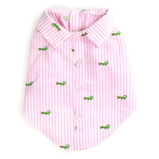 Pink Stripe Alligator Dog Shirt, Front View - Trendy Dog Boutique