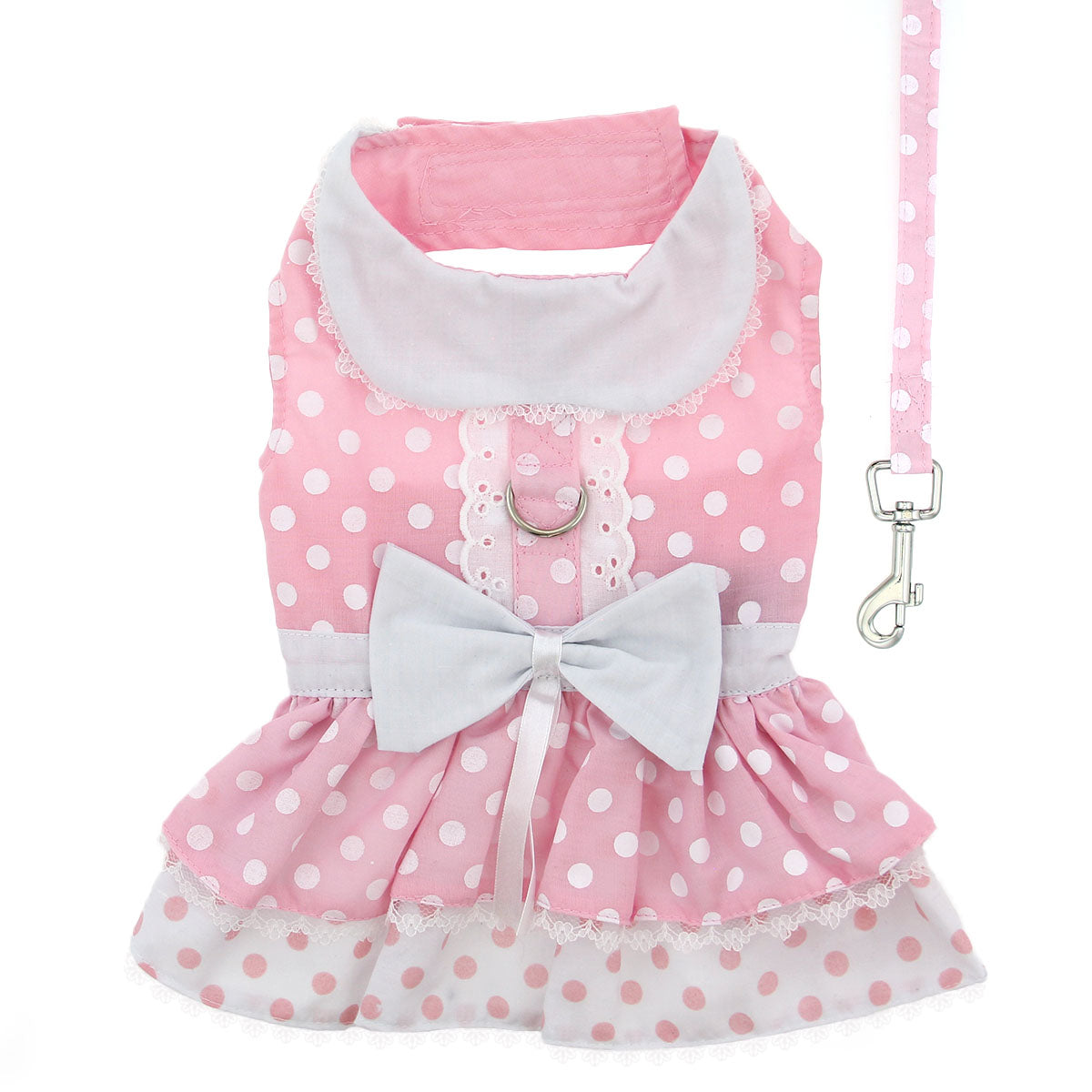 Pink Polka Dot & Lace Dog Harness Dress, flat, w/ matching leash - Trendy Dog Boutique