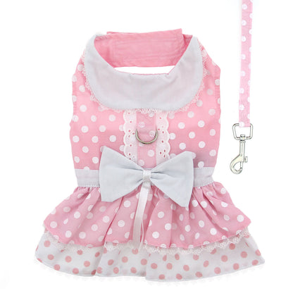 Pink Polka Dot & Lace Dog Harness Dress, flat, w/ matching leash - Trendy Dog Boutique