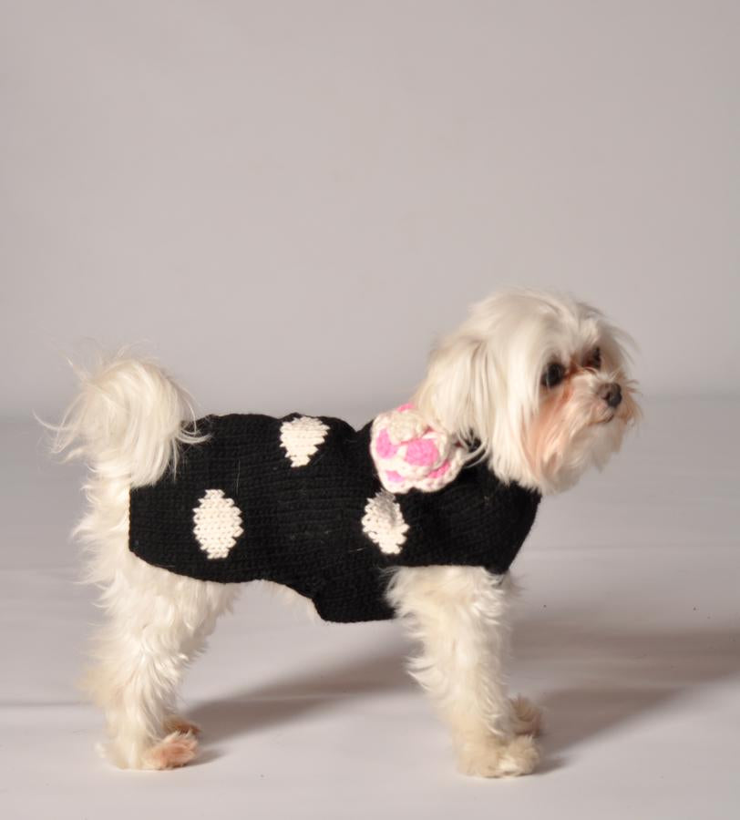 Black Polka Dot Pink Flower Dog Sweater - Trendy Dog Boutique