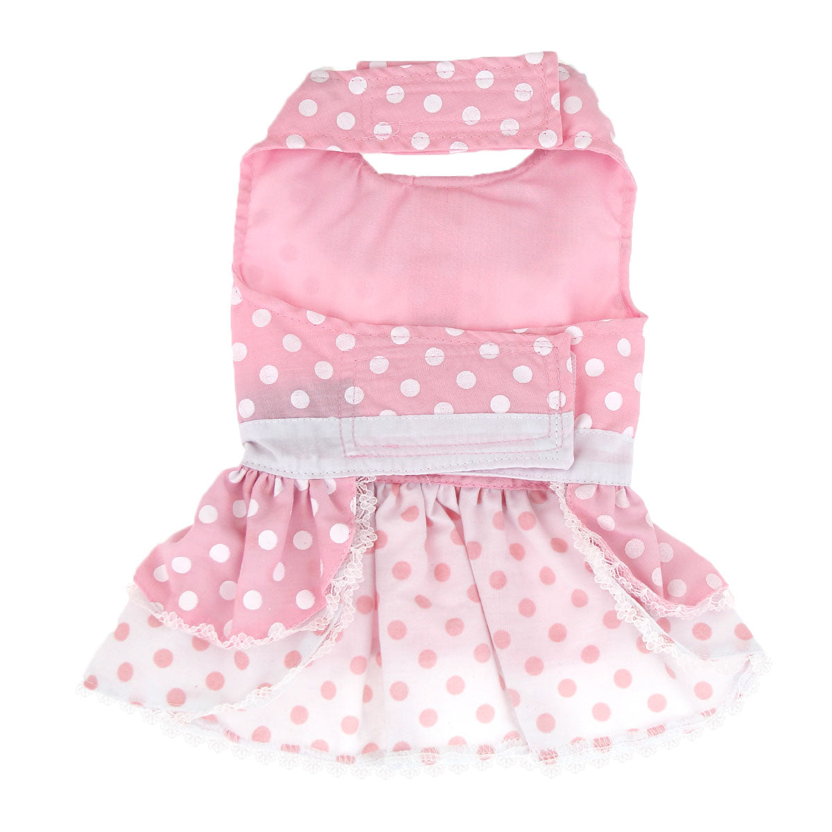 Pink Polka Dot & Lace Dog Harness Dress, front view, flat - Trendy Dog Boutique