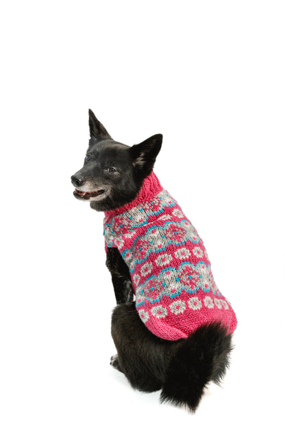Alpaca Rose Fairisle Dog Sweater, On Dog, Rear View - Trendy Dog Boutique