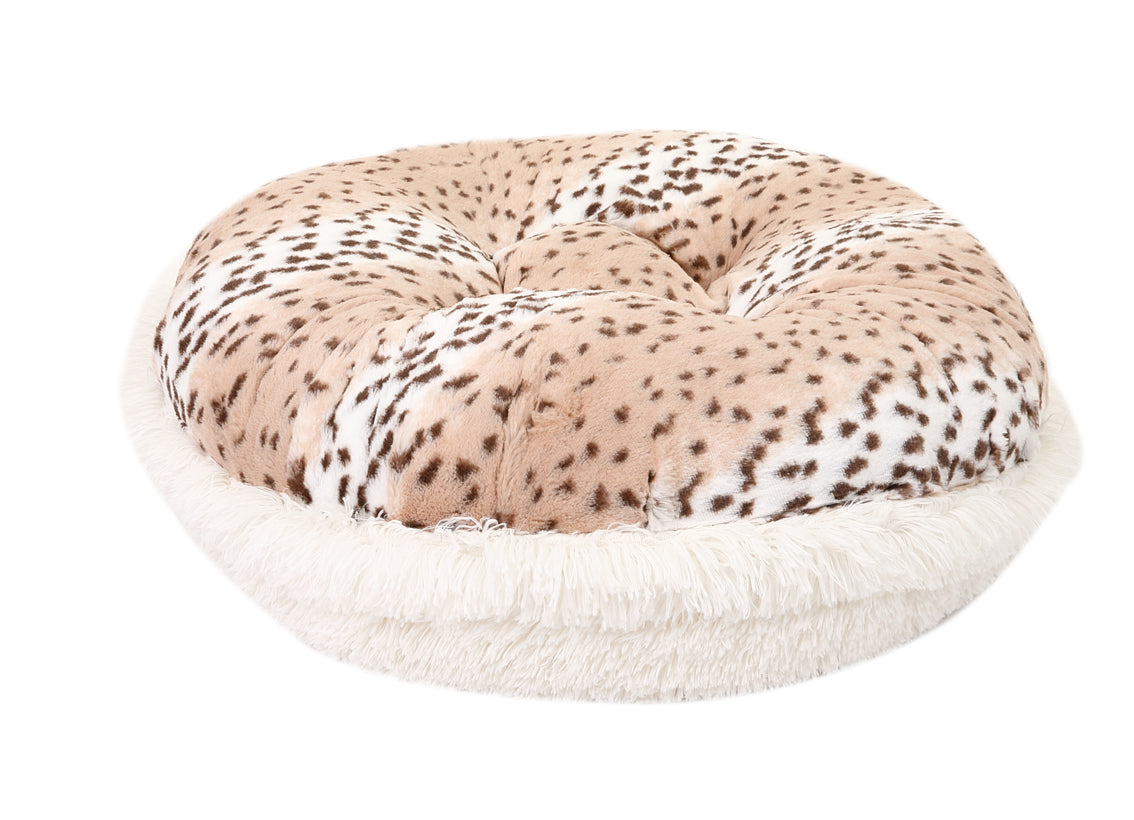 Snow Leopard Round Dog Bed, Side View - Trendy Dog Boutique