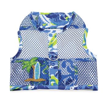 Cool Mesh Blue & Green Surfboard Dog Harness, Flat, Bottom View - Trendy Dog Boutique