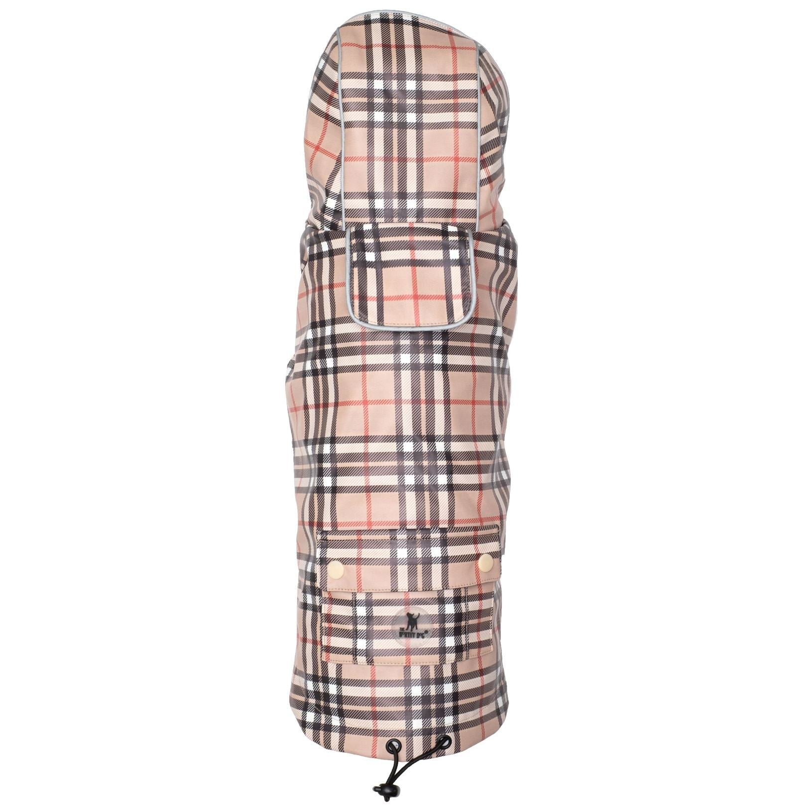 London Plaid Dog Raincoat, Tan, Top View - Trendy Dog Boutique