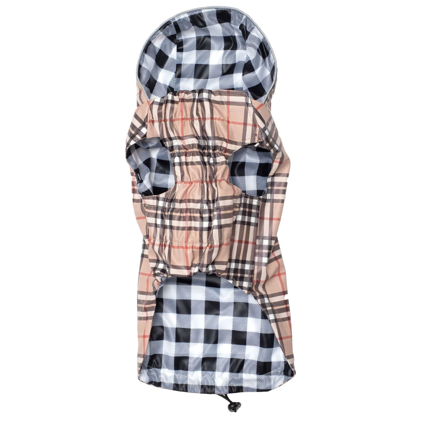 London Plaid Dog Raincoat, Tan, Bottom View - Trendy Dog Boutique