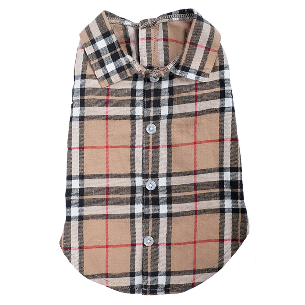 Tan Plaid Dog Shirt, Top View - Trendy Dog Boutique