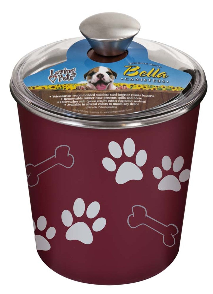 Merlot Paw Prints Dog Treat Container, Front View - Trendy Dog Boutique