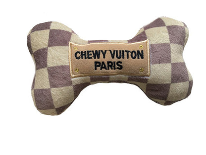 Chewy Vuiton Checker Plush Dog Toy, Small Front View - Trendy Dog Boutique